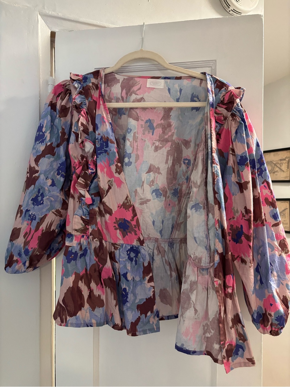 Watercolor ruffle puff sleeve blouse